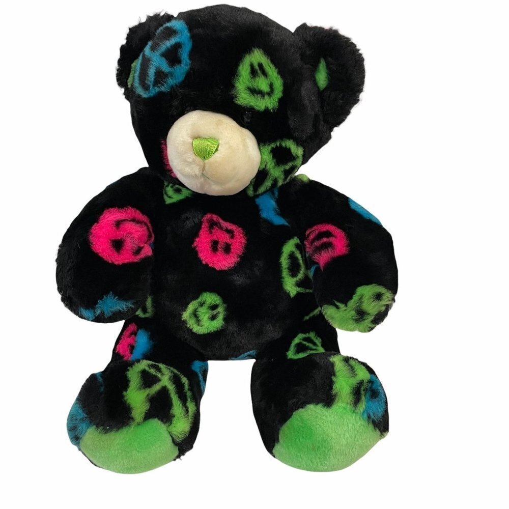 Build A Bear‎ Black Neon Green Peace Signs Smiley Faces 15"